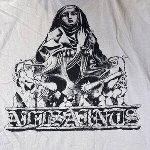 Allsaints T Shirt Mens Small White Graphic Short Sleeve Religious Nun Distressed